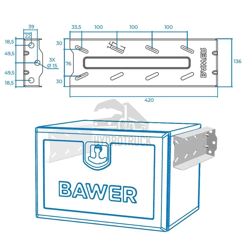 Horizontální držák plastových úložných boxů BAWER 520mm E2 99014